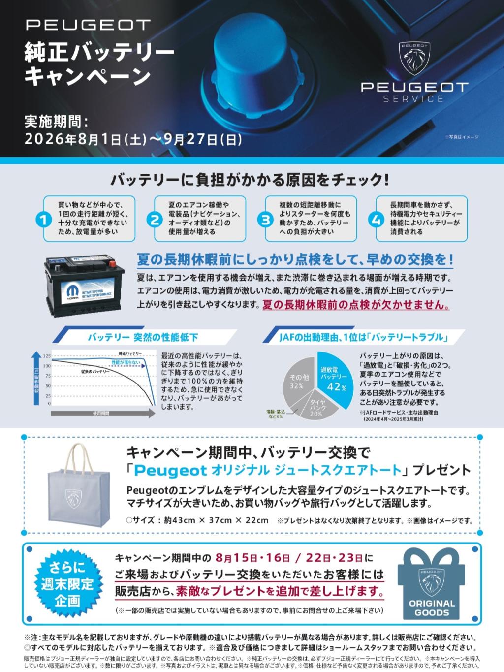8月1日～9月27日「プジョー純正バッテリーキャンペーン」